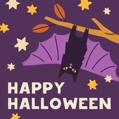 Happy Halloween greeting card design. Helloween holiday background template with cute funny spooky vampire bat. Square postcard for kids October night. Childish flat graphic vector illustration