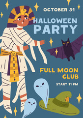 Halloween flyer design for kids party. Promotion card template with boy child disguised in creepy pharaoh costume. October holiday ads poster for spooky night. Childish flat vector illustration