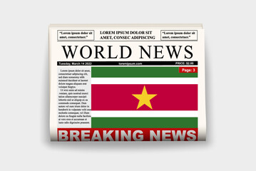 Fototapeta premium Suriname country newspaper with flag, breaking news on newsletter, news concept, gazette page with headline