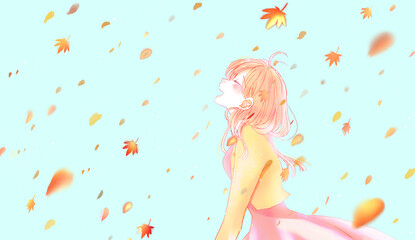 幸せそうな女性　秋　紅葉