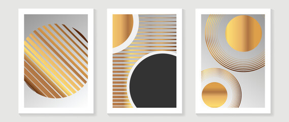 Set of abstract wall art background vector. Luxury wall decoration design with gold foil texture, geometric, gradient, circle shapes. Design for interior, prints, cover, and postcard, wallpaper.