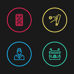 Set line Baseball coach, arena, bat with and Mobile baseball icon. Vector