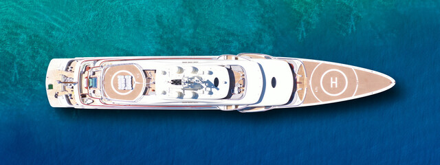 Aerial drone ultra wide panoramic top view photo of large luxury yacht - boat with helicopter...