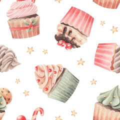 Watercolor pattern with christmas cakes isoalted. Watercolor pattern with cupcakes and stars.