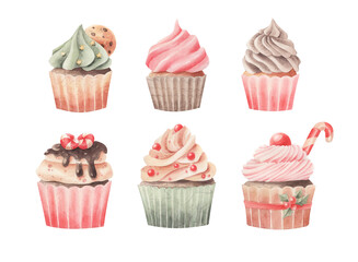 Set of watercolor cupcakes isolated. Watercolor dessert on white. 