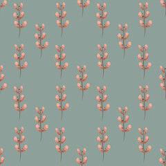 Seamless autumnal vector pattern with dru leaves branches on pale grey green background for surface design or wrapping and gift paper