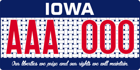 Fototapeta premium Vehicle license plates marking in Iowa in United States of America, Car plates. Vehicle license numbers of different American states. Vintage print for tee shirt graphics,sticker and poster