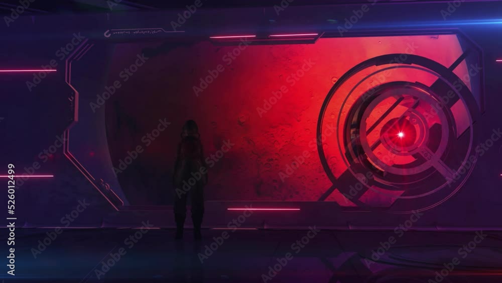 Poster on board a spaceship in mars orbit, 3d render