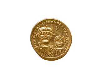 Gold Roman solidus coin of Roman Emperor Justinian I AD527-265, png stock photo file cut out and isolated on a transparent background