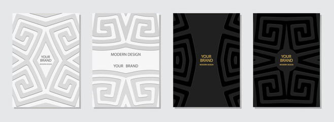 Cover set, vertical templates. Collection of embossed white and black backgrounds with 3d pattern, geometric ethnic unique texture. Greek ornament, meander. - obrazy, fototapety, plakaty