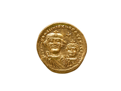 Gold Roman solidus coin of Roman Emperor Justinian I AD527-265, png stock photo file cut out and isolated on a transparent background