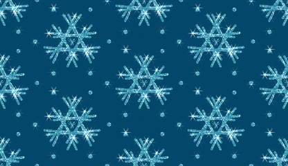 Fototapeta na wymiar Christmas Snowflake Flat Colors Seamless Pattern On Blue Background.Glitter Snowflake icon. Design for decorating,background, wallpaper, illustration, fabric, clothing. 