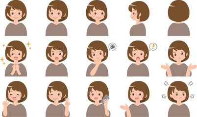 茶髪の女性 表情15パターン バストアップイラスト