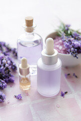 Fototapeta na wymiar Aromatherapy lavender bath salt and massage oil