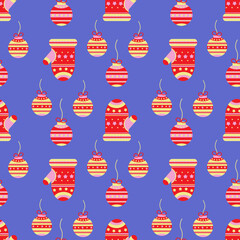 Seamless winter holiday vector pattern with christmas ornament balls and mittens on blue purple background for textile and wrapping paper