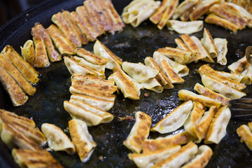 Asian cuisine fried dumpling in a frying pan