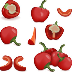 Set of Cherry Pepper for banners, social media. Whole, half, sliced and wedges peppers. Pimento. Pimiento. Capsicum annuum. Fresh organic vegetables. Vector illustration isolated on white background.