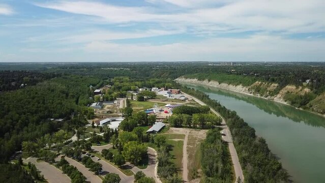 Establishing shot of Fort Edmonton Park from the air