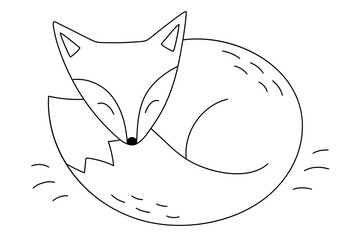 A Cute Fox. Simple Outline Vector Drawing of Lying Sleeping Little Fox. Hand draw illustration in cartoon doodle style. Black lines isolated on a white. Contour drawing. Logo design graphic icon.