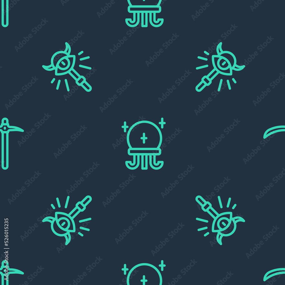 Wall mural set line magic ball, staff and pickaxe on seamless pattern. vector