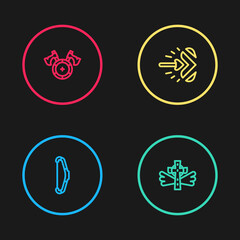 Set line Medieval bow, Christian cross, Magic arrow and shield with axe icon. Vector