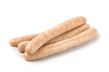 Raw barbecue sausages isolated on white background. Uncooked long Pork or Chicken sausages with clipping path.
