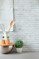 kitchen background vertical frame, kitchen utensils on the table, home kitchen decor, free space,