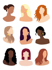 Vector female avatars. Various portrait girls with different hair color and hairstyles. 