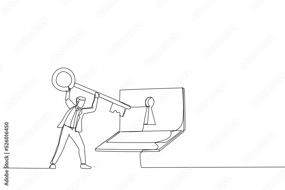 Fototapete drawing of businessman hold the keys and computer laptop with protection key lock. metaphor for onli
