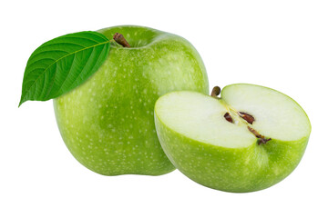 Green apple with green leaf and cut slice with seed isolated on alpha background.