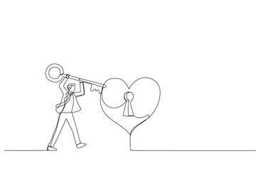 Drawing of man hand holding a big key for a woman's heart. Metaphor for love. Single line art style