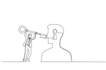 Cartoon of businessman hold key try to open person's mind. Metaphor for therapy, psychotherapy, and psychology. Single continuous line art style