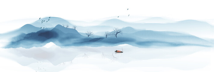 Chinese style blue artistic conception ink landscape illustration
