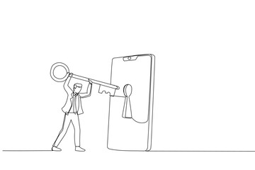 Fototapeta na wymiar Illustration of businessman hold key to open phone. Metaphor for cyber security. One line art style