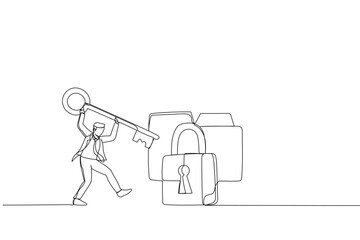 Cartoon of businessman try to unlock folder secure data file document. Metaphor for internet privacy, cyber security, and data leak. Single continuous line art style