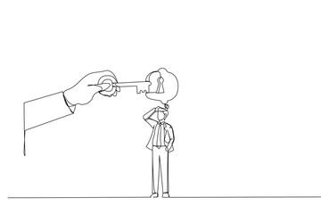 Drawing of businessman thinking with idea as a keyhole with helping hand holding the success key. Metaphor for find new ideas and free from mental block. Single continuous line art