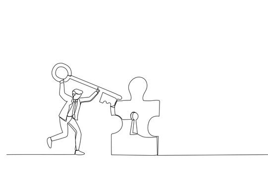 Cartoon of young businessman standing opening puzzle door with big key. Metaphor for achieving goal, solution and success. Single continuous line art style