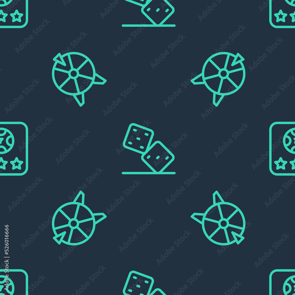 Poster set line game dice, lucky wheel and online poker table game on seamless pattern. vector