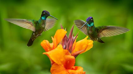 Fototapeta premium Costa Rica wildlife. Talamanca hummingbird, Eugenes spectabilis, flying next to beautiful orange flower with green forest in the background, Savegre mountains, Costa Rica. Bird fly in nature.