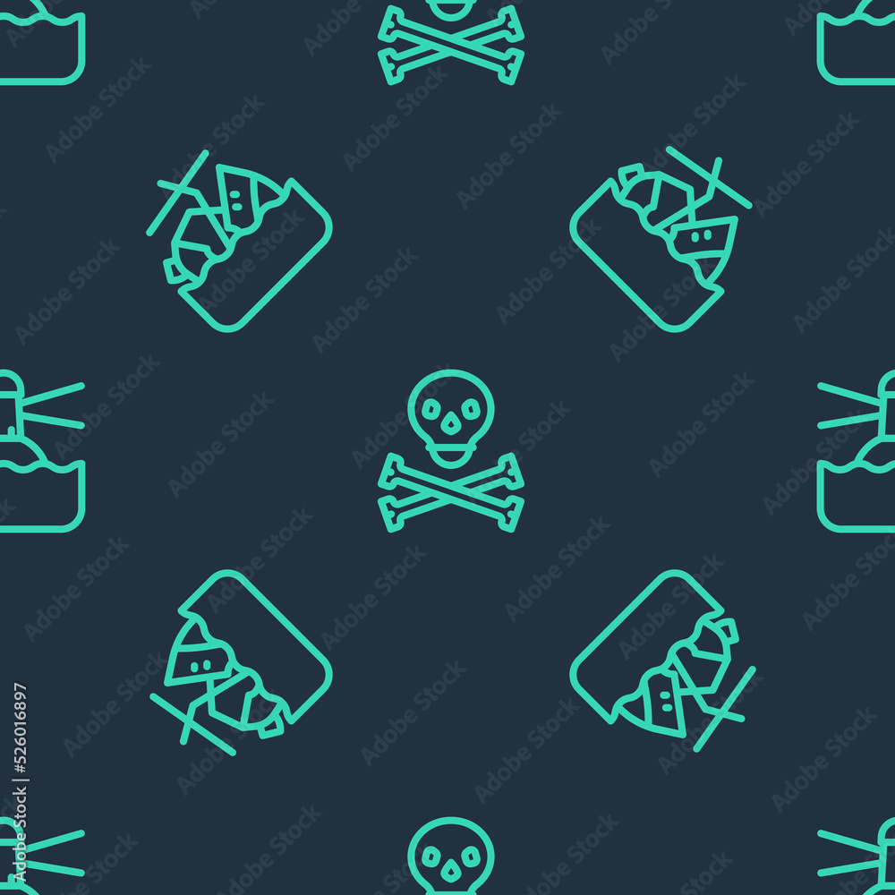 Poster Set line Skull on crossbones, Sinking cruise ship and Lighthouse on seamless pattern. Vector