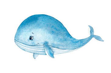 Watercolor cute blue whale on white background. Little whale in cartoon style for baby shower, invitation, children textile, fabrics. Sea dweller.