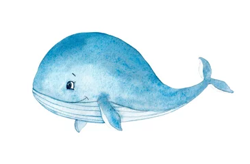 Papier Peint photo Baleine Aquarelle mignonne baleine bleue sur fond blanc. Petite baleine en style cartoon pour baby shower, invitation, textile pour enfants, tissus. Habitant de la mer.
