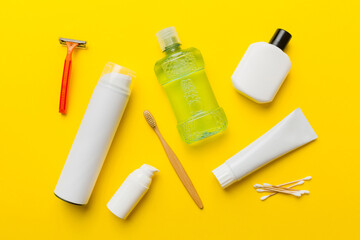 Mockup for bathing products top view flat lay, spa razor, toothpaste, soap, gel and other various accessories. Cosmetics for skin health. Bath Mockup for your logo