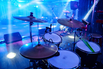 drum kits on stage. professional musicians for the holiday in the restaurant.