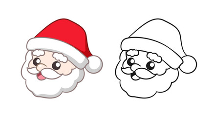 Happy Santa Claus head cartoon illustration. Front view Colored and outline set. Coloring book page printable activity worksheet for kids.