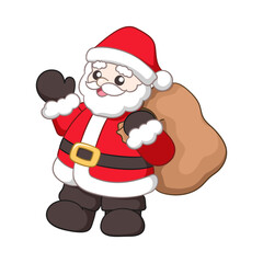 Santa Claus waving and holding a sack of presents cute cartoon illustration