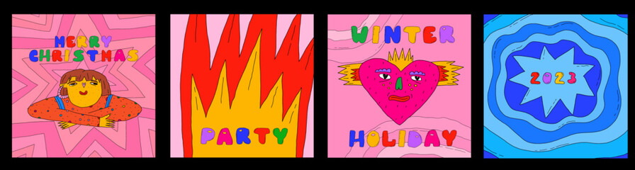 square vector postcard set-1970 psychedelic christmas and new year.Funky and groovy party with rainbow,heart,fireworks,shapes,people.Funny dudes on winter holidays.Retro vibrant hippie 70s celebration