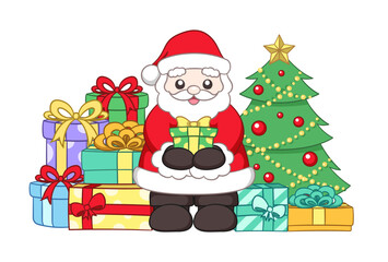 Happy Santa Claus next to a Christmas tree holding a present surrounded by colorful gift boxes