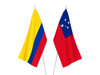 National fabric flags of Colombia and Independent State of Samoa isolated on white background. 3d rendering illustration.
