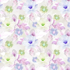 Seamless retro floral pattern with watercolor effect. Light blue, white flowers on a light background.